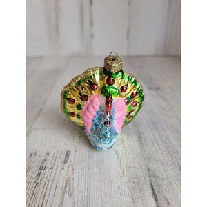 Blown glass glitter peacock bird Zoo ornament Xmas